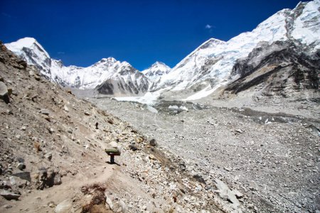 Final phase of Everest base camp trek over the Khumbu glacier moraines in Nepal