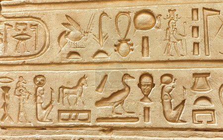 Téléchargez les photos : Gros plan des hiéroglyphes à l'époque des pharaons de Ptolémée sur les murs du temple dans le temple d'Horus à Edfou construit pendant l'ère ptolémaïque entre 237 à 57 av. J.-C. près d'Assouan, Egypte - en image libre de droit