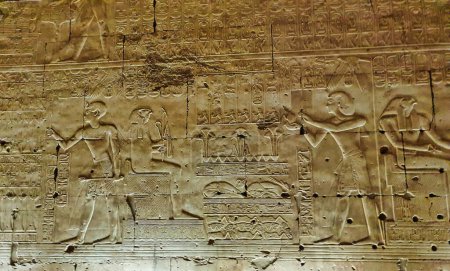 Téléchargez les photos : Panneau en relief mural détaillé représentant Pharoah Seti I faisant des offrandes à Horus comme Re-Horakhty dans le Temple de Seti construit au 13ème siècle avant JC par le Pharoah Seti I près d'Abydos, Egypte - en image libre de droit