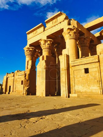 Sunlit view of the greco-roman style floral columns at the double entrance to  the Temple of Sobek and Haroeris built in 2nd century BC by Ptolemy pharoahs in Kom Ombo,Near Aswan,Egypt