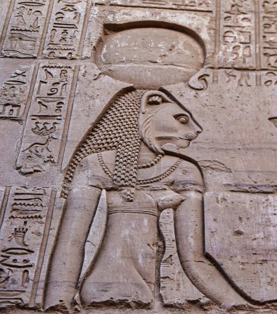 Relief der versunkenen Mauer der Göttin Sachmet auf den äußeren Säulen mit Bokeh-Fokus am Tempel von Sobek und Haroeris, der im 2. Jahrhundert v. Chr. von Ptolemäus-Pharaonen in Kom Ombo, in der Nähe von Assuan, Ägypten, errichtet wurde