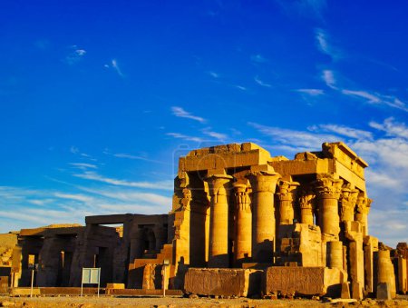 Magnificent view of the Kom Ombo temple on the banks of the Nile in the bright sun also known as Temple of Sobek and Haroeris built in 2nd century BC by Ptolemy pharoahs in Kom Ombo,Near Aswan,Egypt