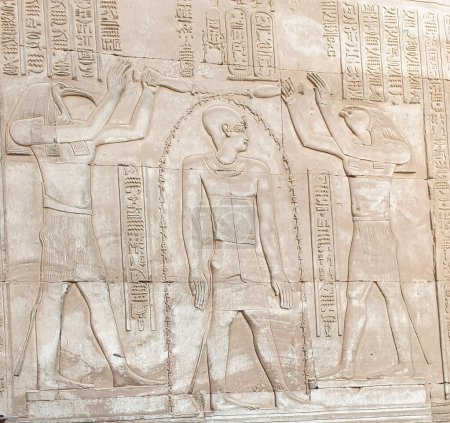 Wall relief of Ptolemy VIII Euergetes II Tryphon Purified by Thoth and Horus at the Temple of Sobek and Haroeris built in 2nd century BC by Ptolemy pharoahs in Kom Ombo,Near Aswan,Egypt