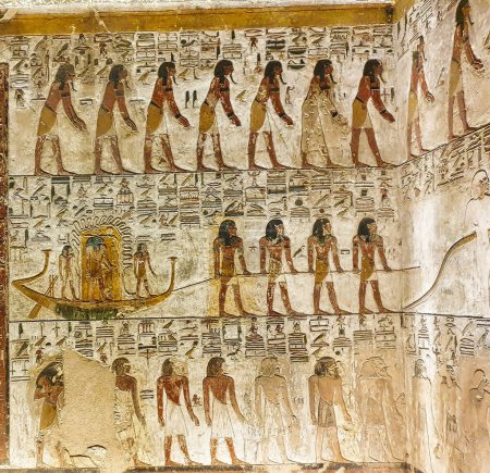 Painted Wall reliefs from the Book of the Gates Hour 5 showing journey of the King's soul or ba in afterlife in the Tomb of Seti I, KV17 at the Theban necropolis in the Valley of Kings in Luxor,Egypt