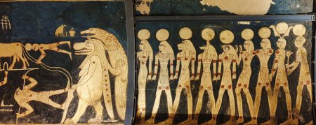 Close up of a wall panel depicting an astronomical calendar with images of Goddesses Tawret and Sobek in the Tomb of Seti I, KV17 at the Theban necropolis in the Valley of Kings in Luxor,Egypt