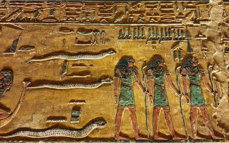 Close up of a wall relief of scene from 1st Hour of Amduat in chamber J in the Tomb of Seti I, KV17 at the Theban necropolis in the Valley of Kings in Luxor,Egypt