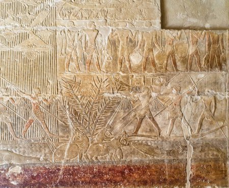Relief mural complexe montrant les hommes de Merurka lançant des hippopotames dans le nile dans le mastaba Tombeau de Merurka, Grand Vizir à Pharoah Teti, 6ème dynastie à Saqqara, Le Caire, Egypte