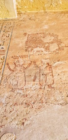 Apa Ammonios Graffiti koptischer Heiliger an der rechten Wand in der Nähe des Haupteingangs im Grab von Ramses IV., KV2, im Tal der Könige, Luxor, Ägypten