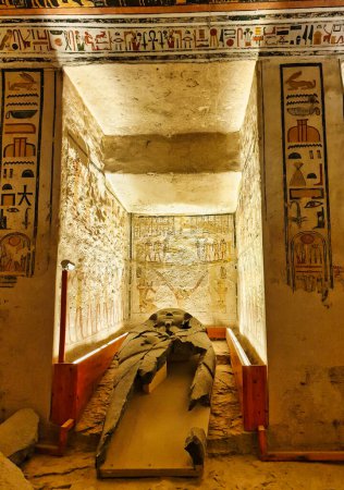 Mummiform stone sarcophagus of Ramesses VI, shattered in antiquity in the burial chamber in the Tomb of Ramesses V and VI,KV9, in the Valley of Kings,Luxor,Egypt