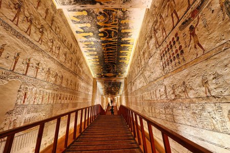 Spectacular view of the passage way with richly decorated ceiling art and scenes from the Amduat funerary texts on the walls in the Tomb of Ramesses V and VI,KV9, in the Valley of Kings,Luxor,Egypt
