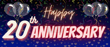 20th anniversary background. Neon text of twenty anniversary with balloon and confetti