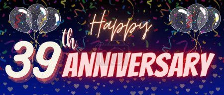 39th or thirty ninth anniversary background. Neon calligraphy text and number with Confetti, balloons isolated on elegant blue gradient background, sparkle, design, greeting card and invitation.
