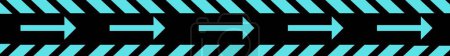 Night shiny arrow reflective tape in sky blue or turquoise colour on black background. Arrow sign with stripe reflective stripe in long horizontal tape