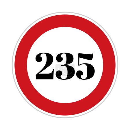 235 kmph or mph speed limit sign icon. Road side speed indicator safety element. Two hundred thirty five speed sign flat isolated on white background