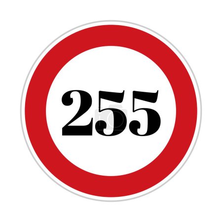 255 kmph or mph speed limit sign icon. Road side speed indicator safety element. Two hundred fifty five speed sign flat isolated on white background