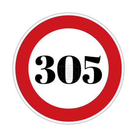 305 km / h oder Tempolimit-Symbol. Straßenseitige Geschwindigkeitsanzeige Sicherheitselement. Dreihundertfünfzig Geschwindigkeitsschild flach isoliert auf weißem Hintergrund