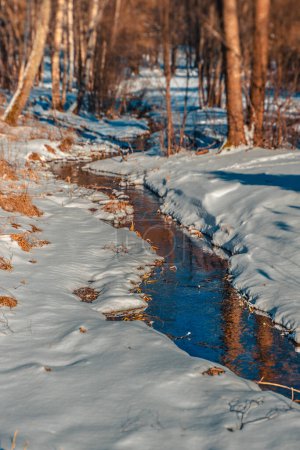 Foto de Río y nieve blanca. El reflejo de los árboles en el agua. Vista de invierno. - Imagen libre de derechos
