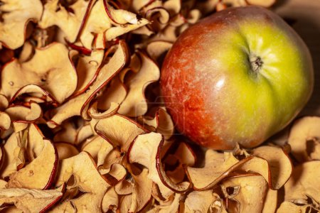 Téléchargez les photos : Les tranches de pomme séchées dans un sèche-fruits conservent toutes les vitamines. Pomme fraîche entière. Concentration sélective douce. - en image libre de droit