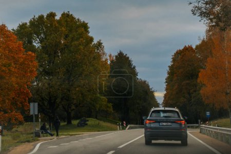 Foto de Conducir un coche a lo largo de una carretera arbolada a través de un bosque de otoño. Callejón del árbol de otoño. Viaje a través del otoño. Enfoque selectivo suave. - Imagen libre de derechos
