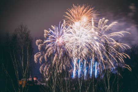 Téléchargez les photos : Feux d'artifice. Des lumières colorées volent dans la nouvelle année. Bonne année ! distorsion atmosphérique, distorsion de l'air chaud, distorsion de la chaleur, réfraction de l'air - en image libre de droit