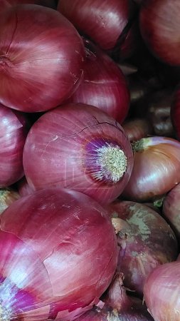 Bunch of ripe red onions selling in a local grocery store, Bangkok, Thailand.