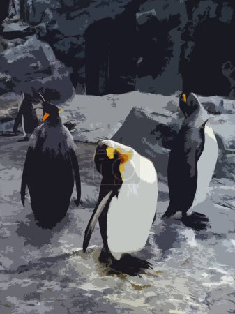 Realistische Darstellung der Kaiserpinguine, der größten aller Pinguinarten.