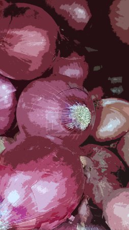 Illustration réaliste d'un bouquet d'oignons rouges mûrs.