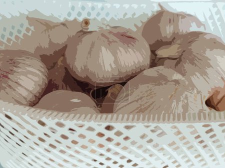 Realistische Darstellung von frischem, ungeschältem Knoblauch in einem weißen Korb.