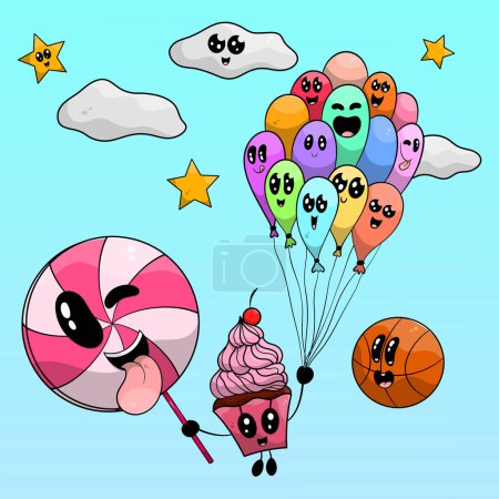 Adorable cream cupcake holding happy emote balloons and flying in the sky with a big spiral candy lollipop. sweet celebration design.