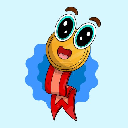 Illustration for Cute gold medal award for winners with a red ribbon and giant cartoonish eyes. Adorable 3d approved or certified trophy medal for champions. kawaii qualified medal character illustration. - Royalty Free Image