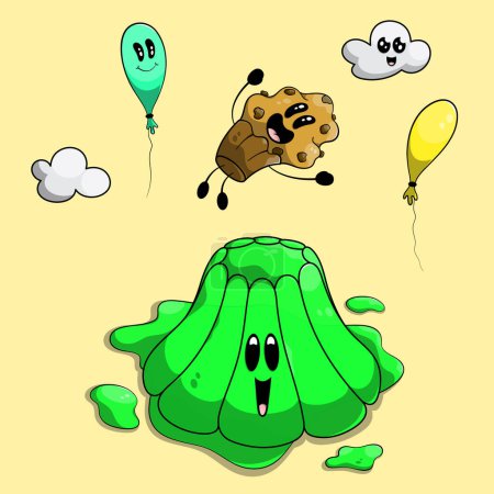 Cute happy muffin jumping on adorable green jelly. Kawaii clouds and balloons playing and having fun. Joyful vector characters.