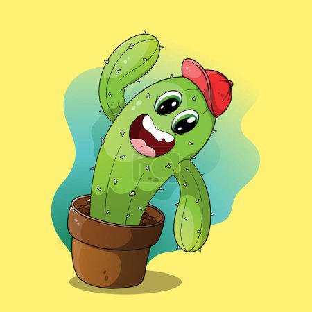 Cute happy cartoon cactus with a hat in a plant pot. Kawaii succulent with colorful blue, green, and yellow background.
