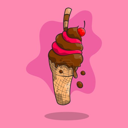 Slushy ice cream cone with a chocolate stack and a cherry. Creamy melting chocolate and strawberry flavor ice cream.
