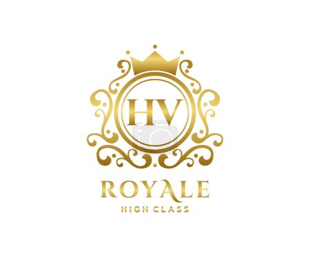 Ilustración de Letra dorada HV plantilla logo Letra de oro de lujo con corona. Alfabeto monográfico. Hermosas iniciales reales - Imagen libre de derechos
