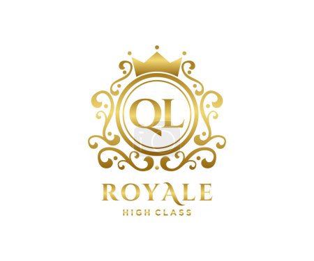 Téléchargez les photos : Lettre d'or QL modèle logo Luxe lettre d'or avec couronne. Alphabet monogramme. Belles initiales royales - en image libre de droit