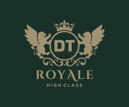 Letter DT template logo Luxury gold letter with crown. Monogram alphabet . Beautiful royal initials letter.