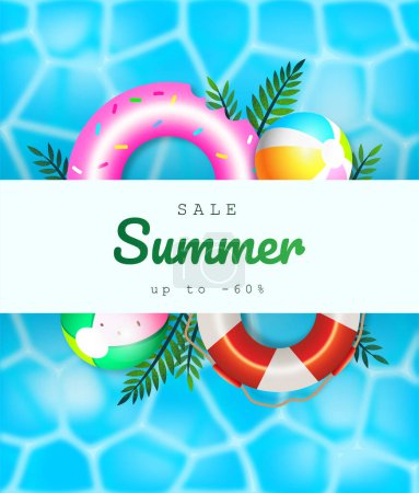 Téléchargez les illustrations : Carte de vente d'été avec fond de piscine, boules de plage, bouée de sauvetage et flotteur de donut - en licence libre de droit