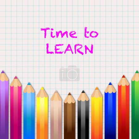 Ilustración de Lápices de colores y tiempo para aprender frase para la escuela, niños, proyectos científicos - Imagen libre de derechos