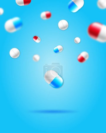 Falling pills, medicine capsules for healthcare, medical and science purposes