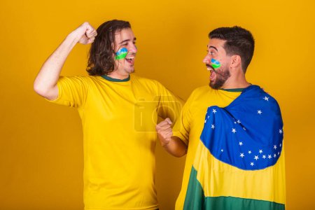 Photo for Brazilian friends, Latin Americans, diversity, cheering for Brazil, in the 2022 world cup, greeting each other. saying hi, reunion - Royalty Free Image