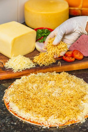 Photo for Preparation of delicious stroganoff pizza, made with meat, cheese and french fries, Brazilian pizza. - Royalty Free Image