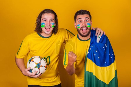 Photo for Brazilian friends, Latin Americans, diversity, cheering for Brazil, in the 2022 world cup, Together, watching Brazil's game in the world cup. - Royalty Free Image