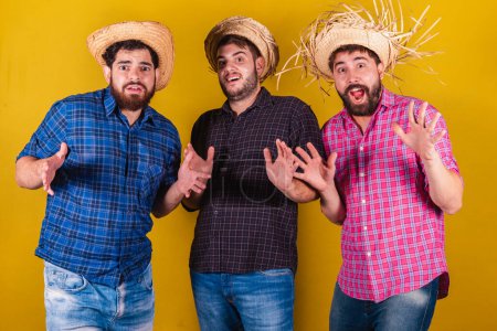Téléchargez les photos : Trois amis portant des vêtements typiques pour la Festa Junina. Incroyable, surpris, incroyable. - en image libre de droit