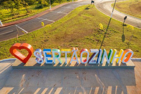 Photo for Sertaozinho, So Paulo /Brazil - Circa june 2022: Aerial image of the city of Sertaozinho, SP. monument i love sertaozinho - Royalty Free Image
