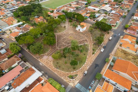 Photo for Brodowski, So Paulo , Brazil - Circa june 2022: Aerial image of Brodowski city,Main City Square - Royalty Free Image