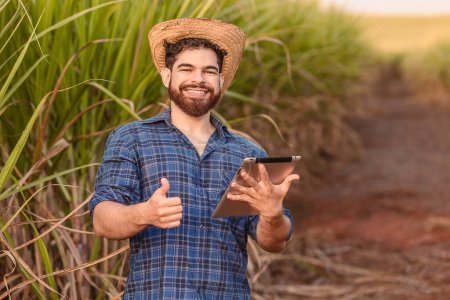 Téléchargez les photos : Homme caucasien brésilien, agriculteur, travailleur rural, ingénieur agricole, tenant la tablette et avec le pouce levé, positif. Agriculture et technologie. - en image libre de droit