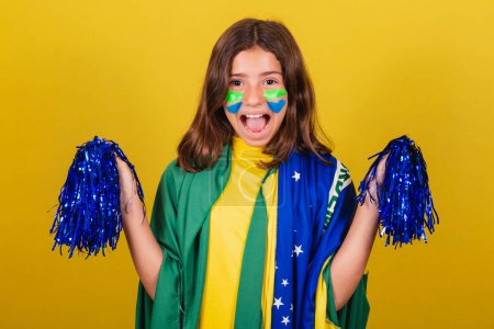 Photo for Brazilian, caucasian, soccer fan, with pompom, cheerleader. World Cup. Olympics. - Royalty Free Image