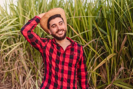 Photo for Young agricultural worker, with straw hat looking at horizon, with sugarcane plantation in the background. - Royalty Free Image