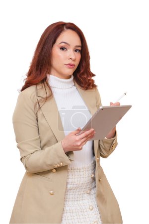 Photo for Brazilian woman, redhead, beautician, beauty professional, using a tablet. - Royalty Free Image