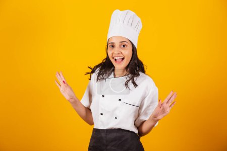 Photo for Brazilian woman, head chef, cook, surprised, amazing. - Royalty Free Image